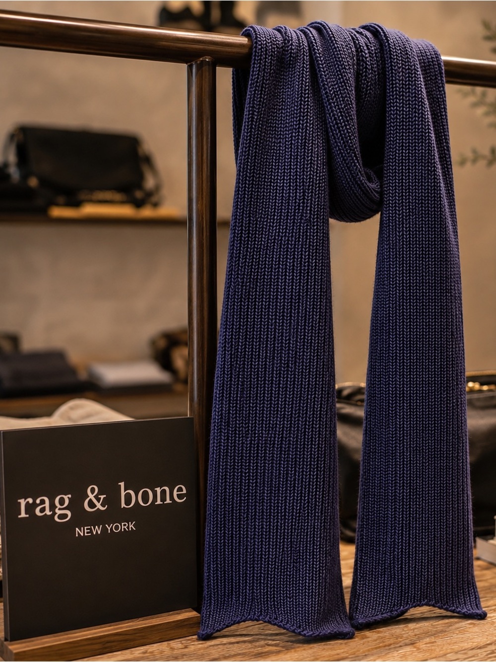 🌸Rag & Bone $298 Ribbed Cashmere Scarf Dark Blue Unisex Quiet Luxury Preppy